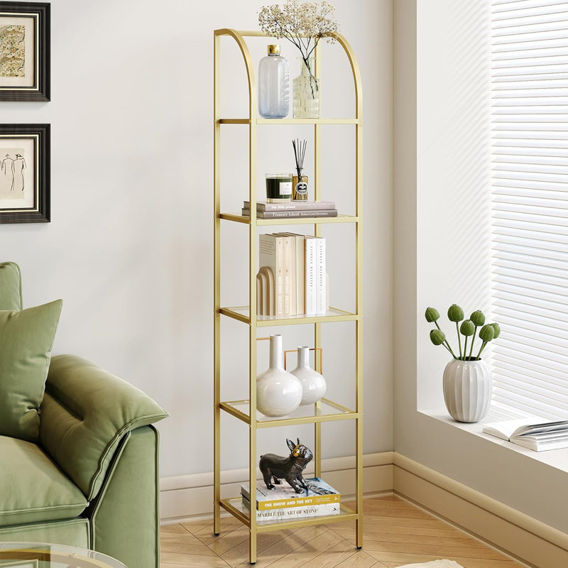 Mercer41 Bookcase Bookshelf Tempered Glass Arched Bookshelf For More Storage Slim Shelving Unit For Bedroom Bathroom Home Office Steel Frame 5 Tier Gold Wayfair